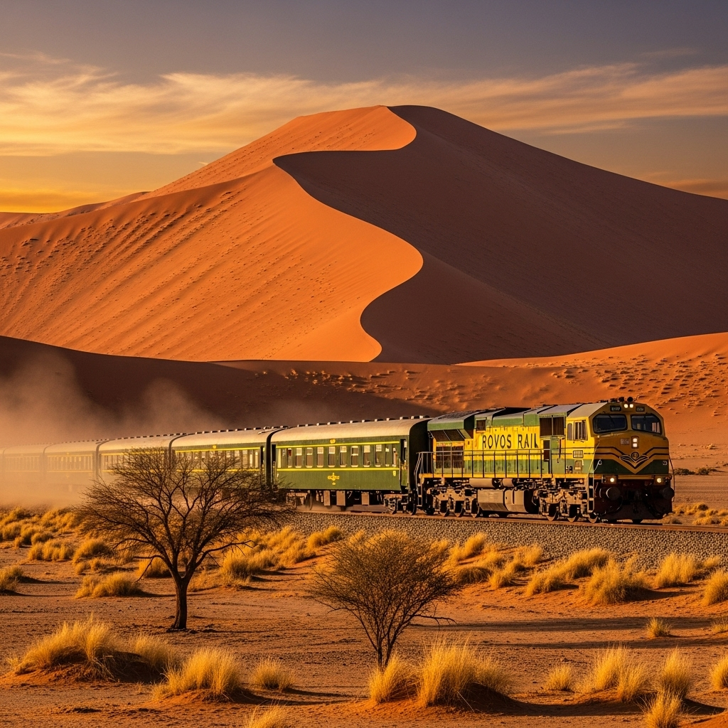 Rovos Rail train with Sossusvlei sanddune towering above it