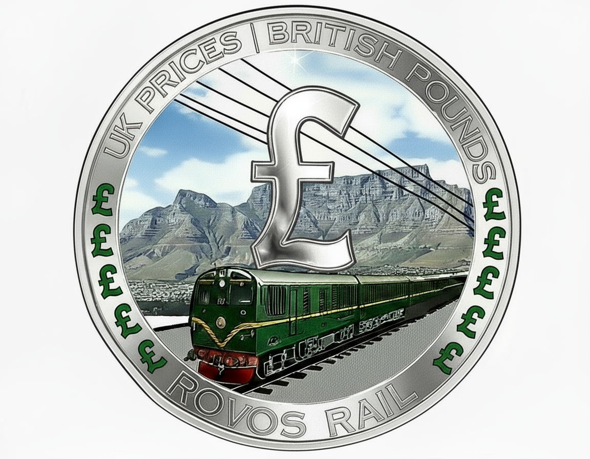 Uk Pound coin with Rovos Rail train on it