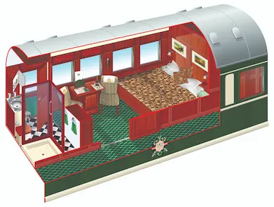 Rovos Rail Deluxe Suite Layout showing permanent double bed