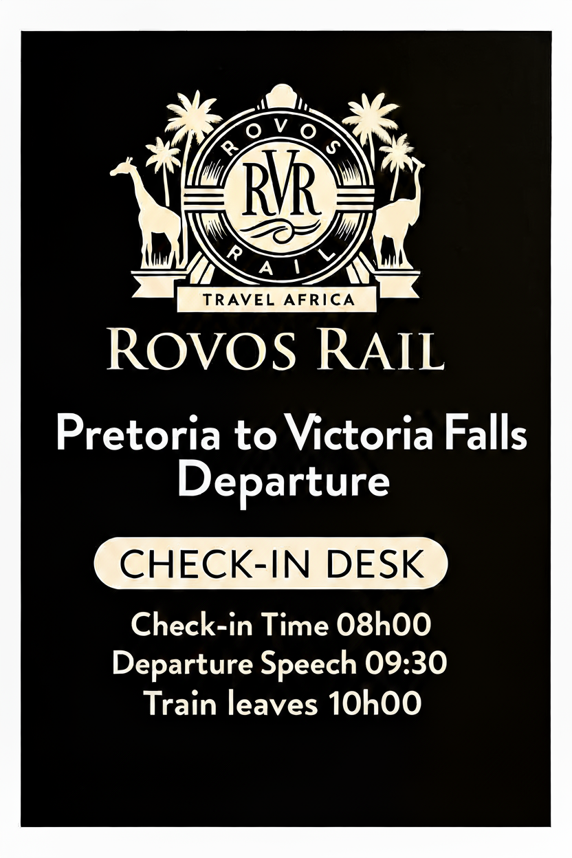 Sign for ROVOS RAIL Pretoria to Victoria Falls Departure CHECK-IN DESK