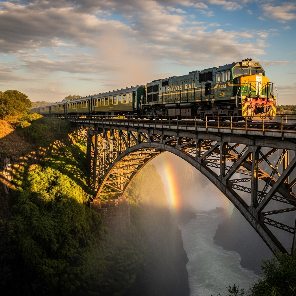 Rovos Rail train on the bridge at Victoria Falls with a rainbow