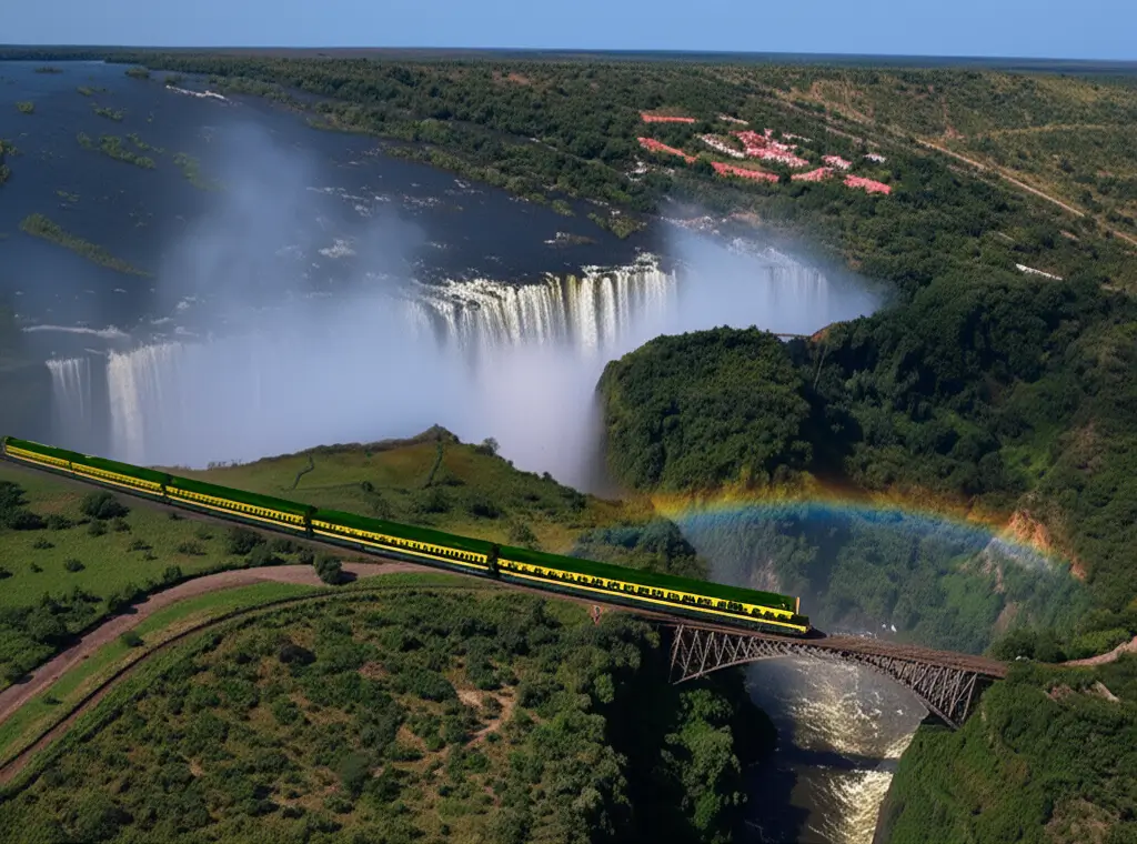 Rovos Rail train going over the railway bridge at Victoria Falls