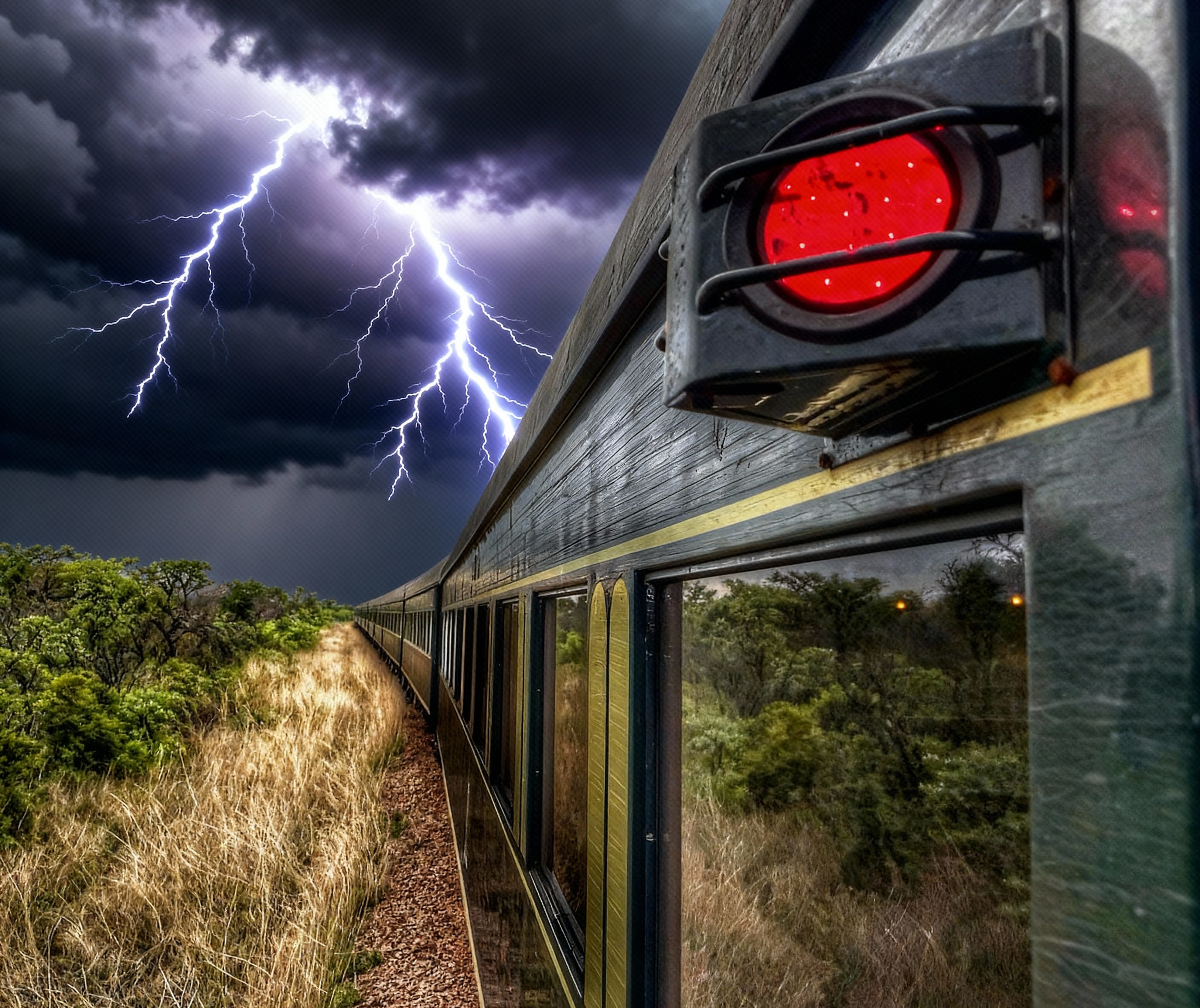 Lightning in the dark sky above Rovos Rail carriages