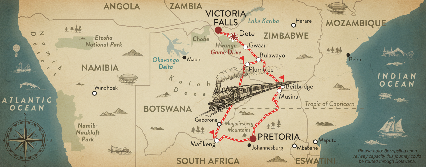 Explorer styled map of Rovos Rail 3 night train route from Pretoria to Victoria Falls