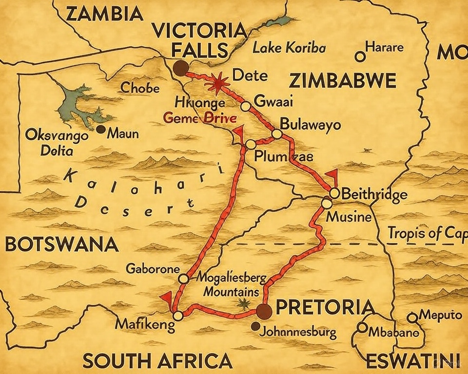 Map of Rovos Rail route from Victoria Falls to Pretoria