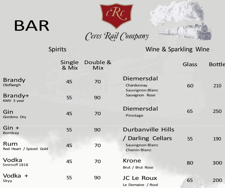 Drinks from the bar on board Ceres Rail