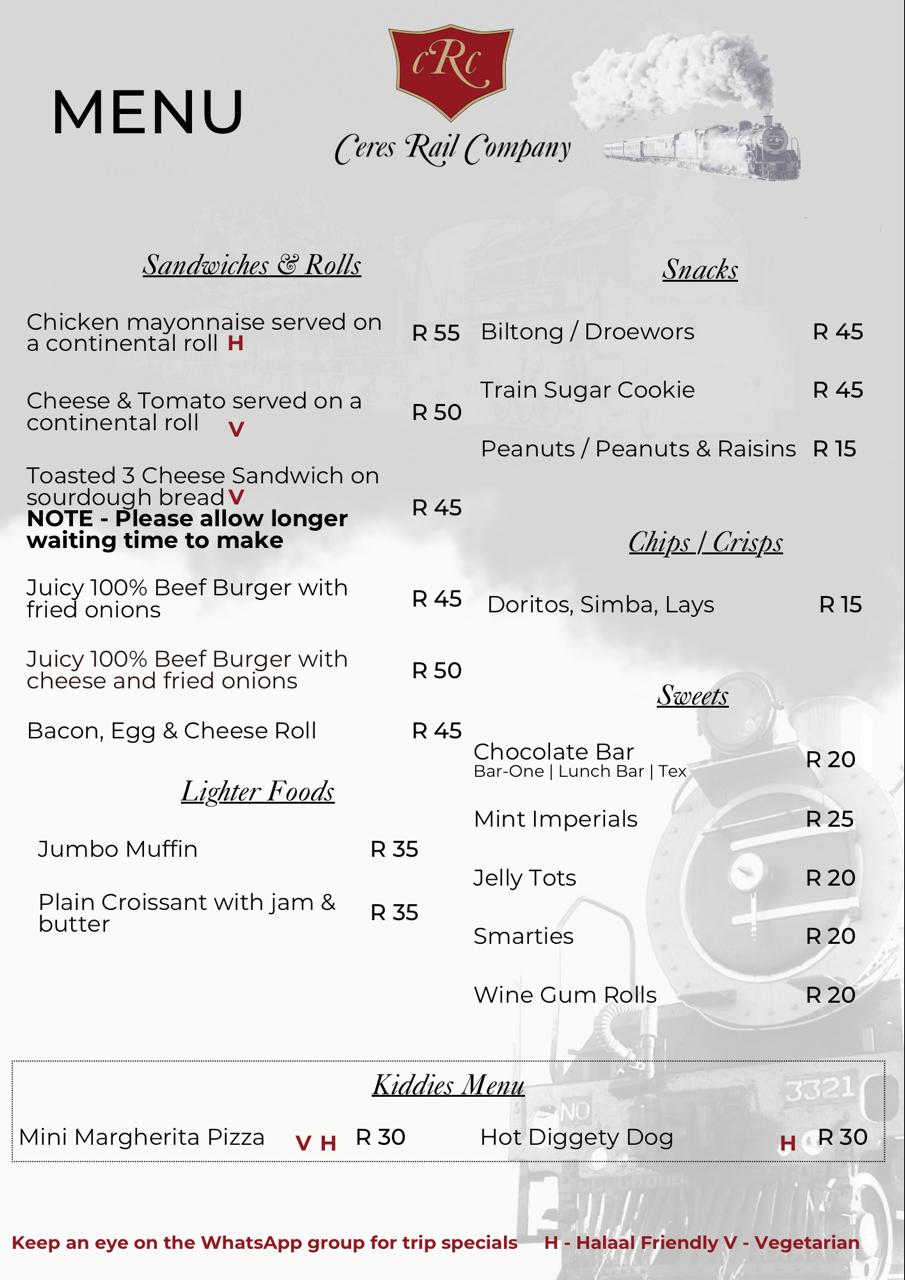 MENU Ceres Rail Company - Sandwiches and rolls, snacks, chips, sweets and kiddies menu