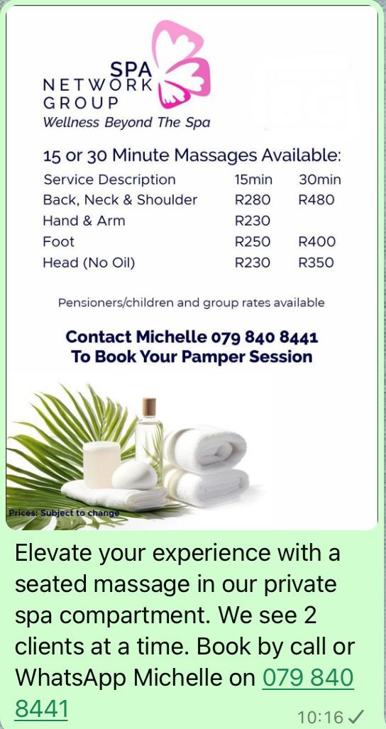 SPA NETWORK GROUP. Wellness Heyond the Spa. 15 or 30 minute Massages Available. Private spa compartment