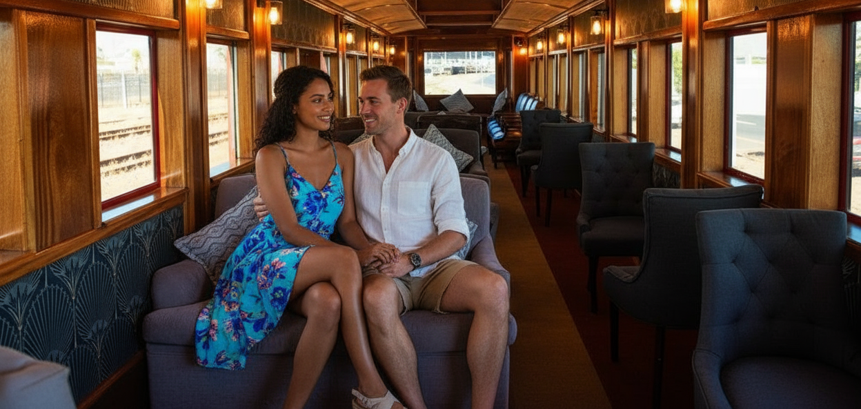 Couple sitting next to each other in the observation car of a Ceres Rail train
