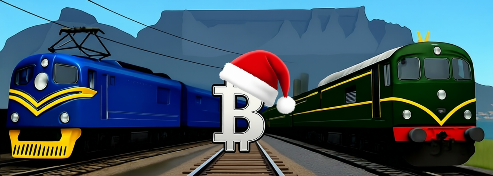The Blue Train and Rovos Rail with a Christmas hate over a Bitcoin symbol and Table Mountain in the background