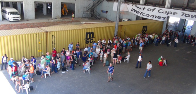 queueing to get on the Sinfonia at E-Berth in Cape Town harbour