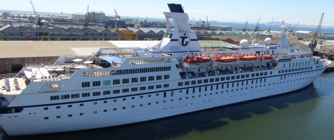 Astor Cruise ship in Cape Town, viewed from the MSC Opera
